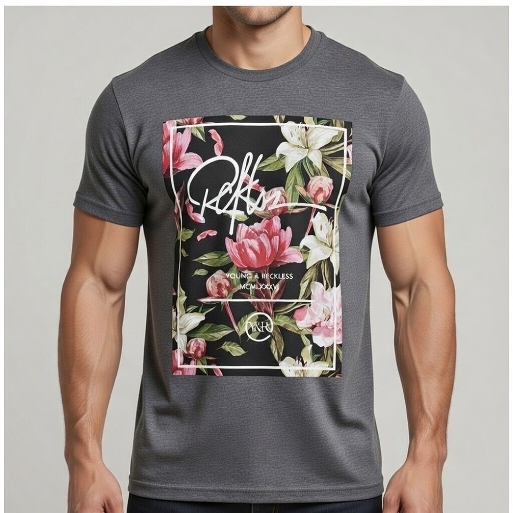 Young & Reckless Men's Graphic T-Shirt Large Floral Print Grey Short Sleeve Tee